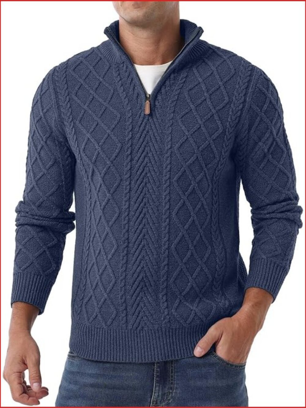 Men's Quarter Zip Mock Neck Pullover Sweater Chunky Fisherman Sweater